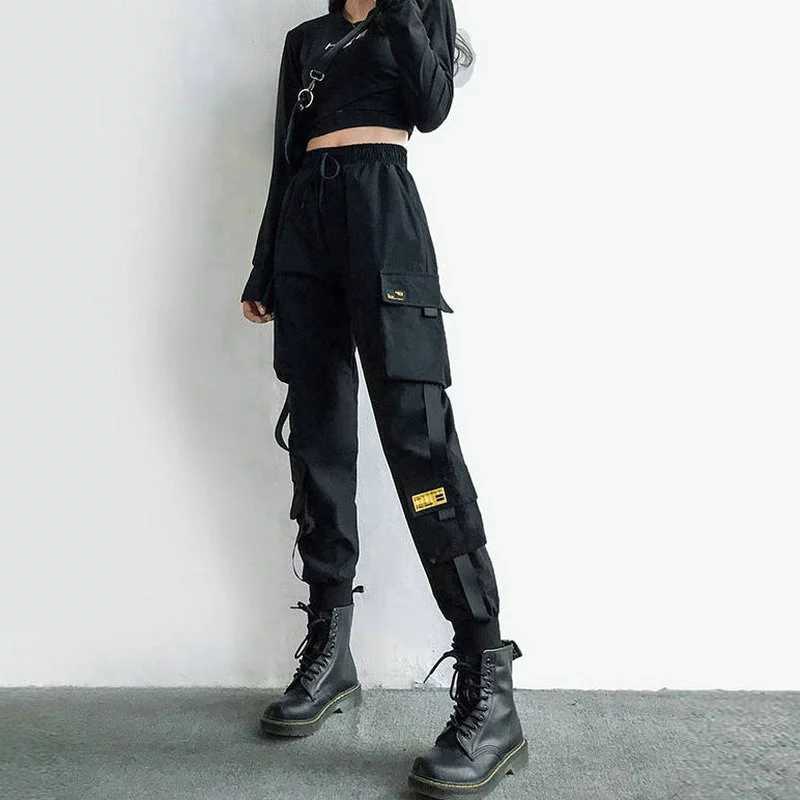 Women's Cargo Pants Black Ribbon Pocket Jogger Elastic Waist High Streetwear Harajuku Pant Punk Females Trousers Harem Pants Y0811