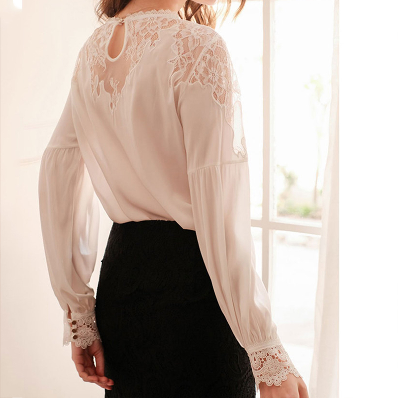 Autumn O-neck Lantern Sleeve Elegant White Silk Blouse Women Sexy Hollow Out Lace Long Blusas Mujer 10226 210427