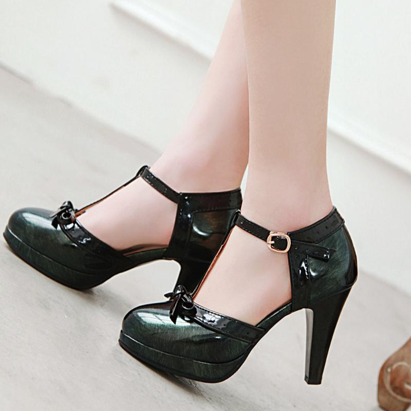 Sarairis High Heels Pumps Woman Shoes Women T-strap Bow Lovely Sweet Platform Lolita Heeled Plus Size 48 Dress