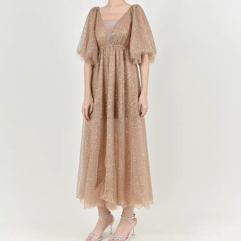 vintage sequined v-neck party A-line mesh dress short butterfly sleeve spring summer dinner dresses vestidos chic paris 210421