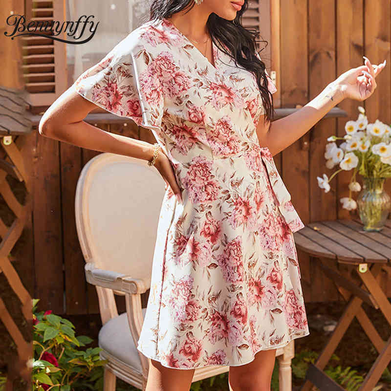V-neck Tie Waist Wrap Mini Dresses Boho Casual Women Summer Short Sleeve Elegant Floral Print A-Line Dress 210510