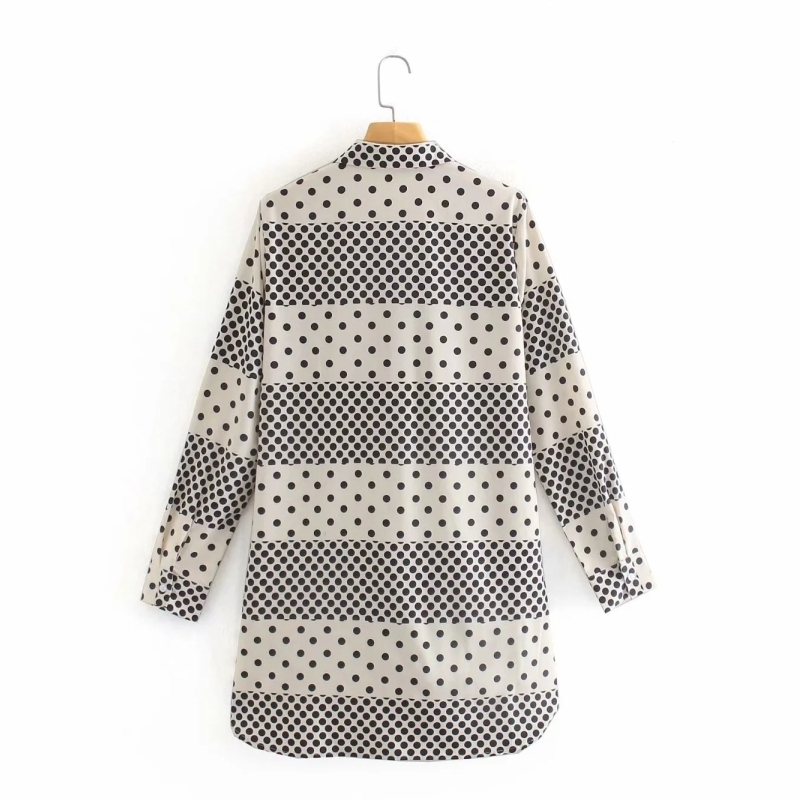 Women Dot Splicing Printing Turndown Collar Shirt Casual Femme Long Sleeve Blouse Lady Loose Tops Blusas S8116 210430Z