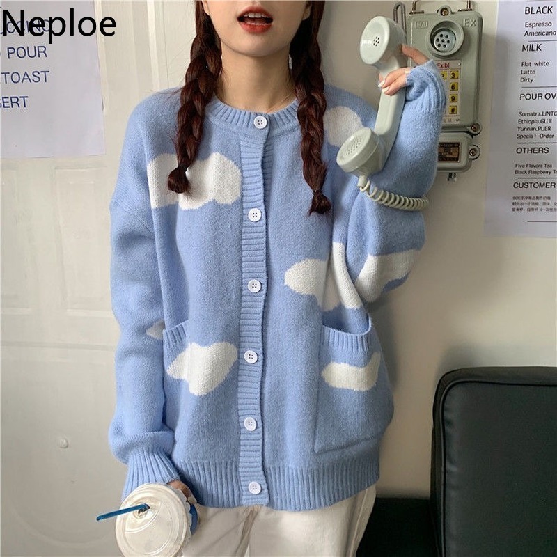 Neploe Korean Sweet Cardigan Fall Women Clothes Knitted Sweaters Cute Sweater O-neck Loose Oversized Outwear Sueter Coats 210422