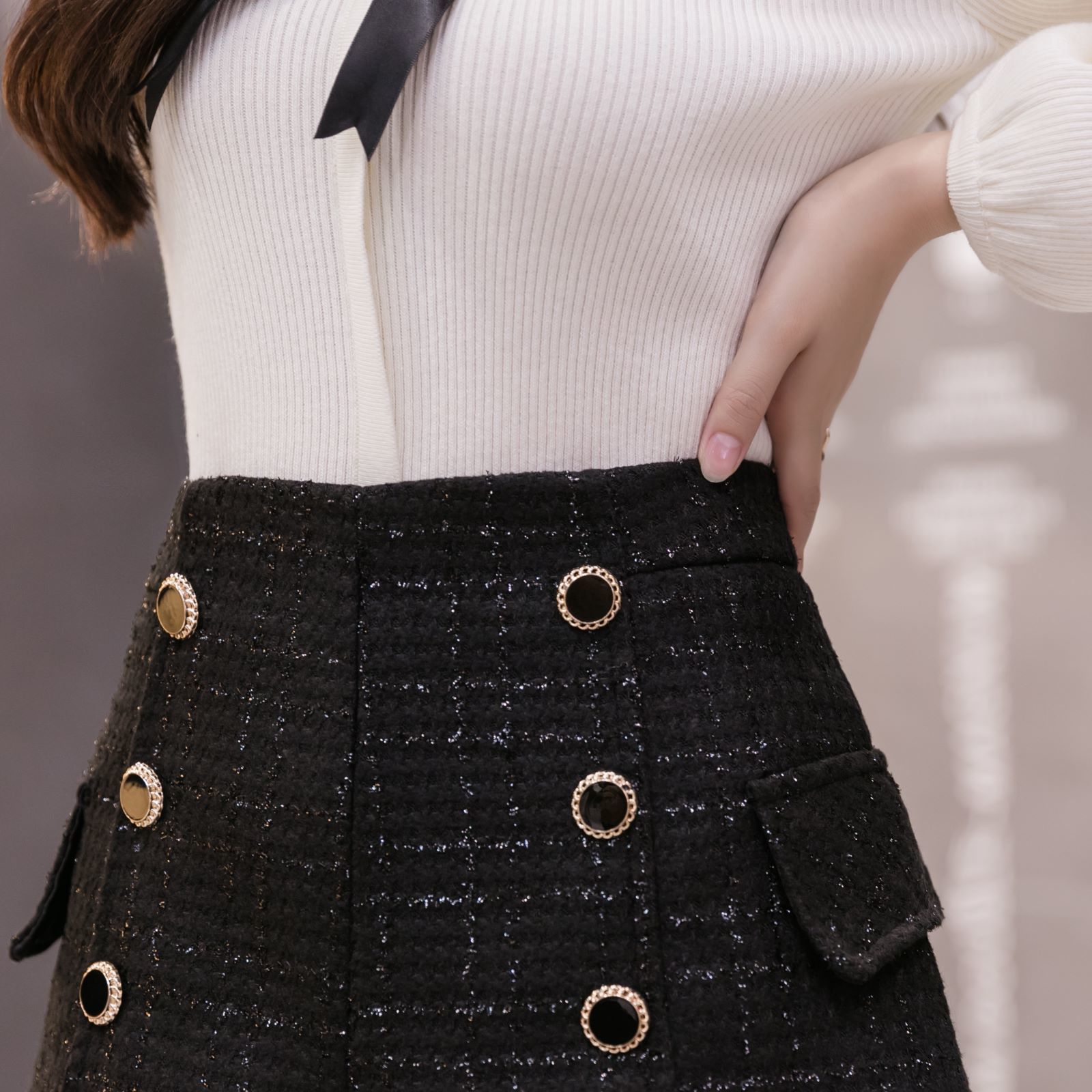 Autumn High Waist Wide Leg Tweed Woolen Shorts Women Black Bright Silk Double-Breasted Button Pantalones Cortos De Muje 210520