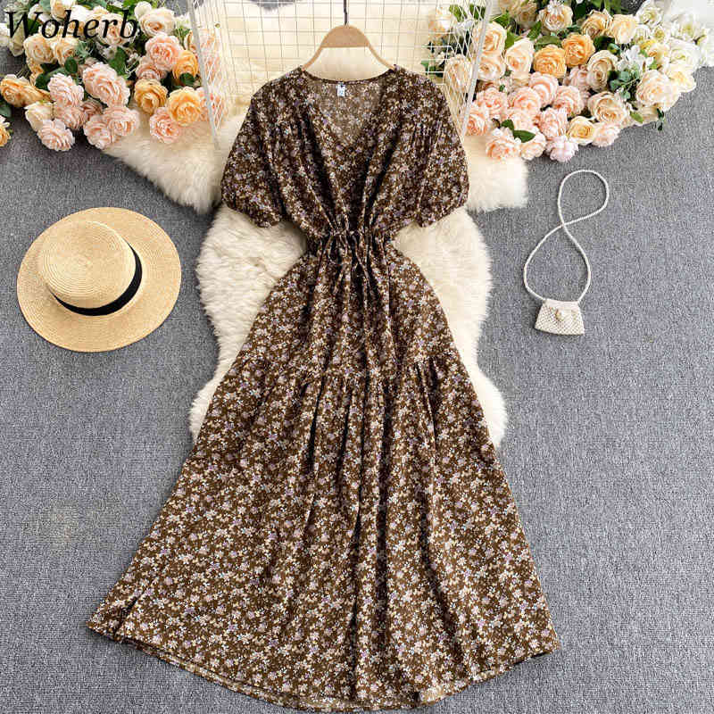 Korean Vintage Floral Print Party Long Dress Women V-neck Puf Sleeve Beach Holiday Midi Dresses Chic Sweet Robe Femme 210519