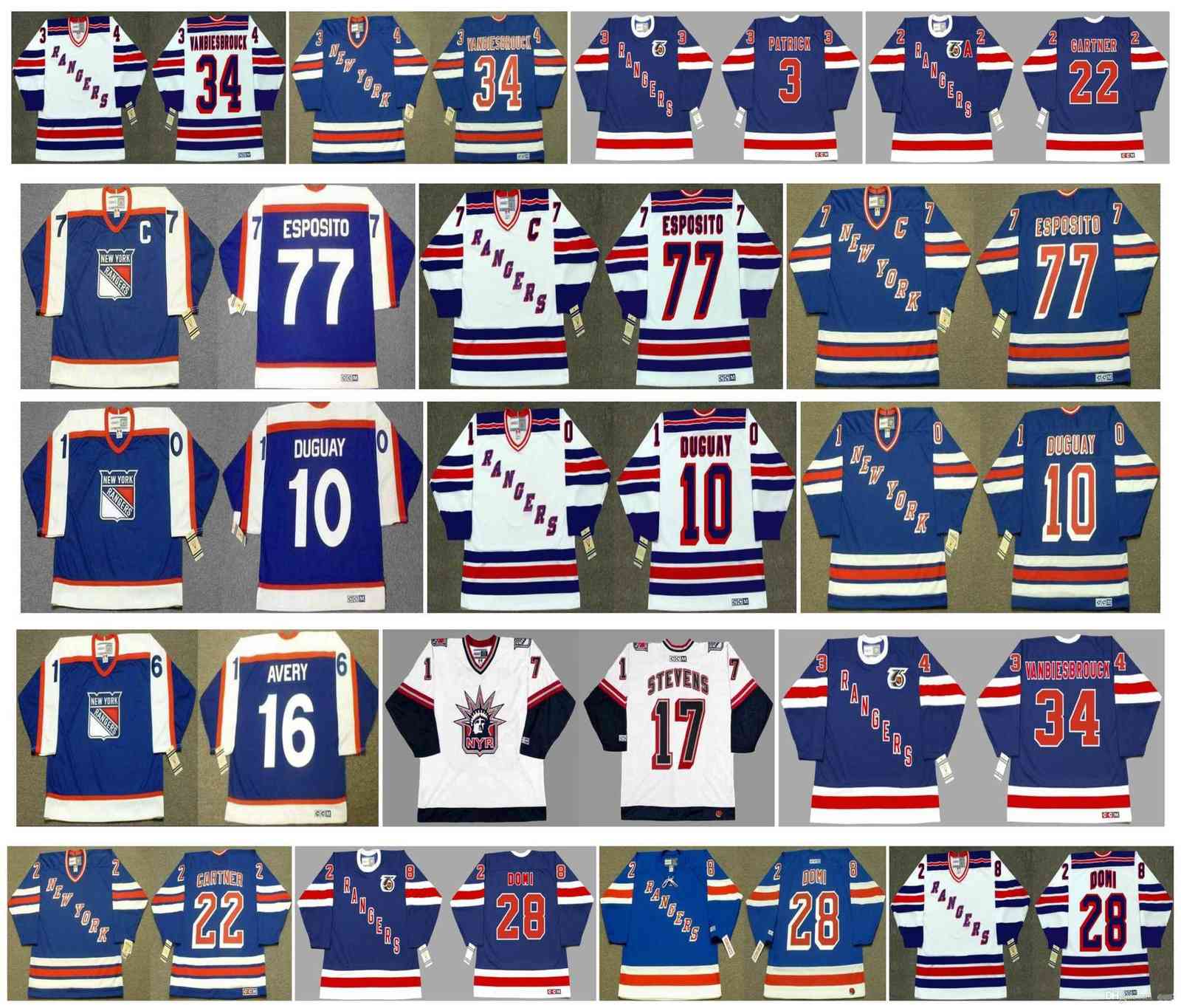 Vintage New York Rangers Jerseys 77 Phil Esposito 3 Lester Patrick 10 Ron Duguay 16 Avery 17 Kevin Stevens 34 John Vanbiesbrouck CCM Hockey, Colour 1
Vintage New York Rangers Jerseys 77 Phil Esposito 3 Lester Patrick 10 Ron Duguay 16 Avery 17 Kevin Stevens 34 John Vanbiesbrouck CCM Hockey, Colour 1
