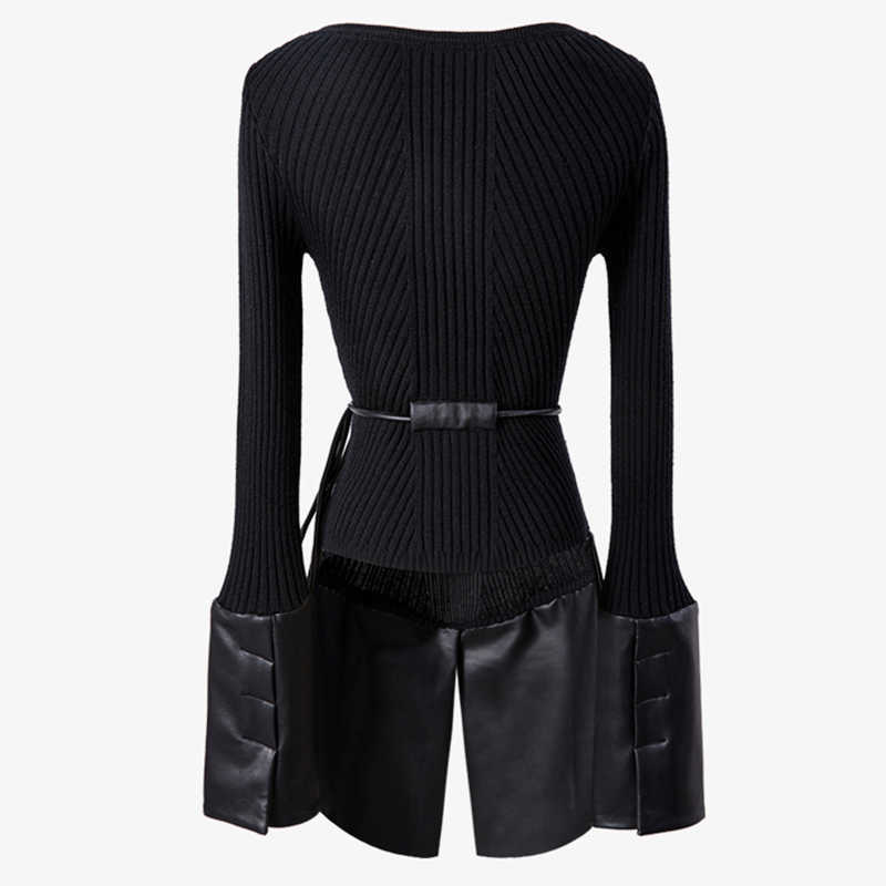 Spliced PU Leather Knitting Sweater Loose Round Neck Long Sleeve Women Pullovers Fashion Autumn Winter 1DD2424 211011Z