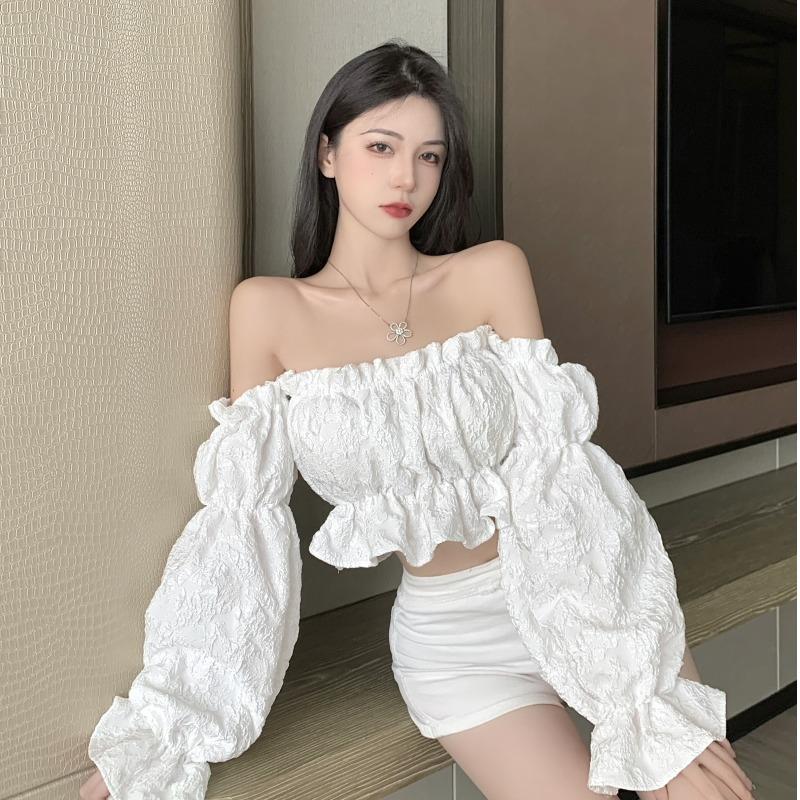 Women's Blouses & Shirts Sexy Retro Slash Neck Off The Shoulder Black Blouse Women Short Blusa Feminina Jacquard Flare Sleeve Chiffon White
Women's Blouses & Shirts Sexy Retro Slash Neck Off The Shoulder Black Blouse Women Short Blusa Feminina Jacquard Flare Sleeve Chiffon White
