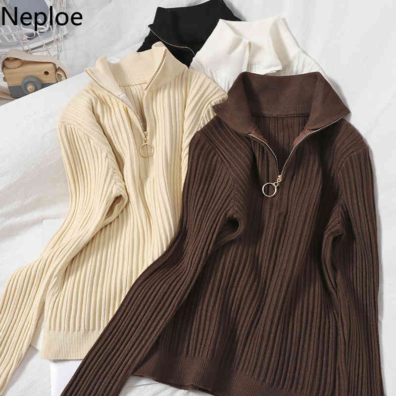 Neploe Sweaters for Women Turtleneck Zipper Knitted Pullovers Korean Solid Pleated Jumper Fall Woman Clothes Sueter Mujer 210422