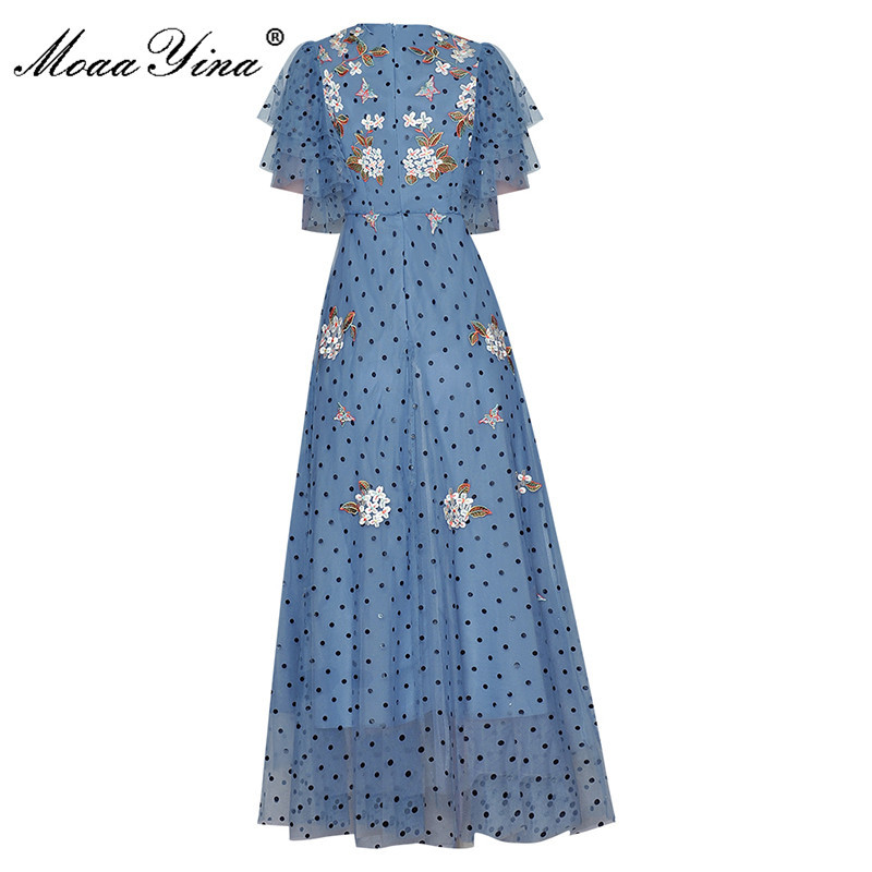 Fashion Runway Summer Elegant Mesh Dress Women Blue Butterfly Sleeve polka dot Embroidery Vintage Party Long 210524