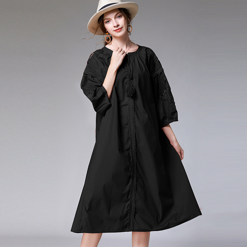 Hollow Out Puff Sleeve Dresses Famale Drawstring Round Collar Loose Oversize Summer Cotton Clothes Trend AQ955 210526