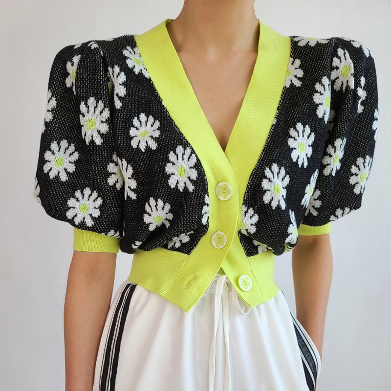 Lucyever Chic Floral V-neck Knitted Cardigan Women Summer Vintage Puff Short Sleeve Cropped Tops Female Fashion Elastic Shirts 210521wtt