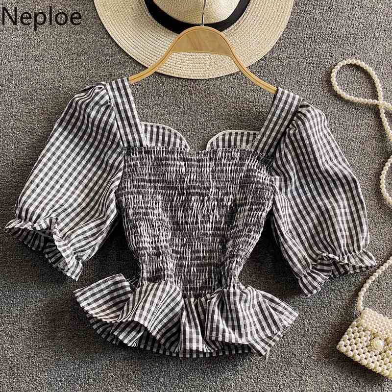 neploe summer shirts sweet chic crop tops square collar puff sleeve plaid blouses korean blouse pleated blusas mujer 210422