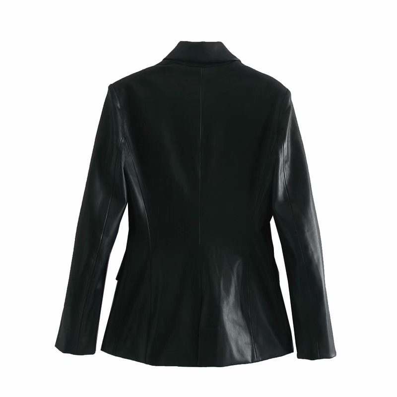 PU Leather Blazer Autumn Fashion Ladies Suit Black Casual Pockets Female Jackets Slim Girls Coat 210430