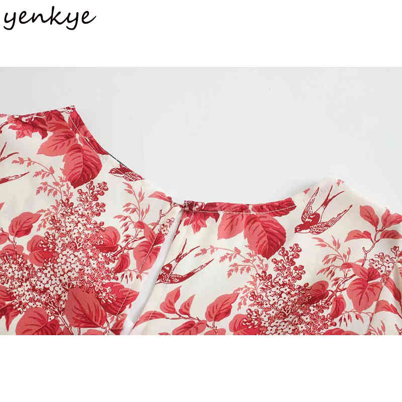 YENKYE Elegant Women V Neck Vintage Floral Print Dress Female Sexy Slits A-line Midi Summer Chiffon Dress Vestidos Mujer 210515