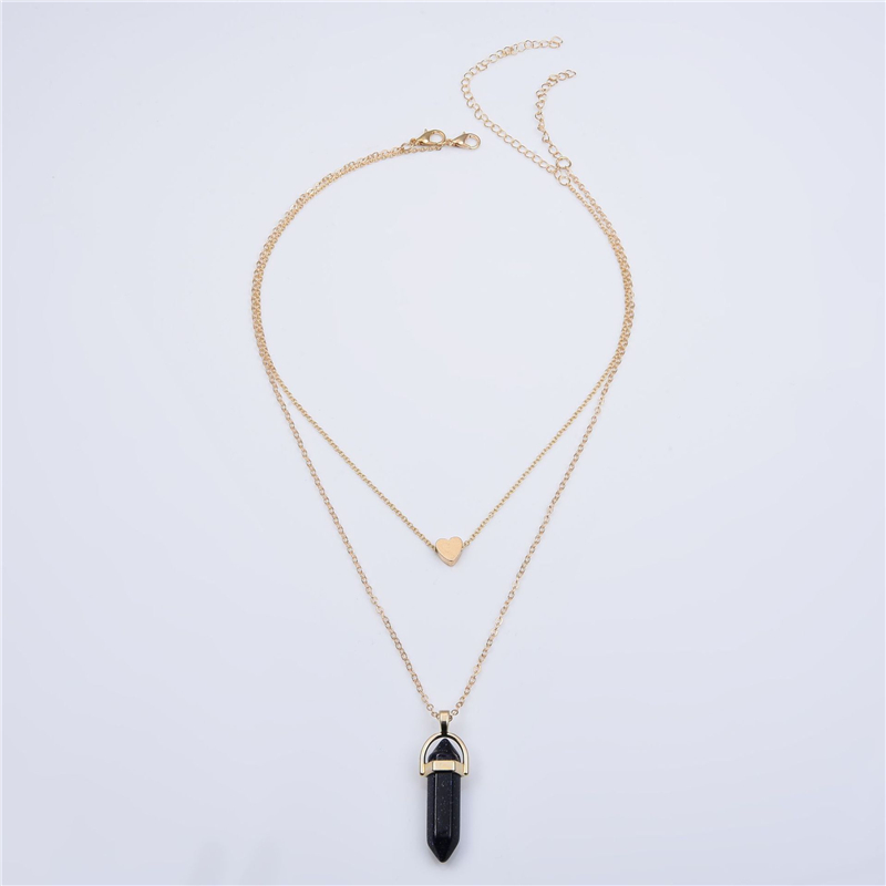 Natural Stones Heart Necklace Fashion Crystal Quartz Chakra Bullet Hexagonal Prism Point Healing Pendant Necklaces Double Layer Gold Chain for Women P
