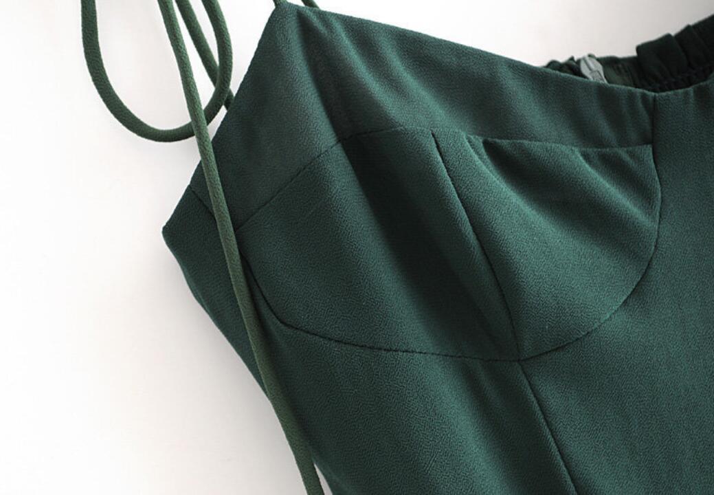 French Women Dress Solid Green Color Bandage Lacing up Spaghetti Strap Mid-Calf Slit Dresses Party Fashion Female Clothes 210429