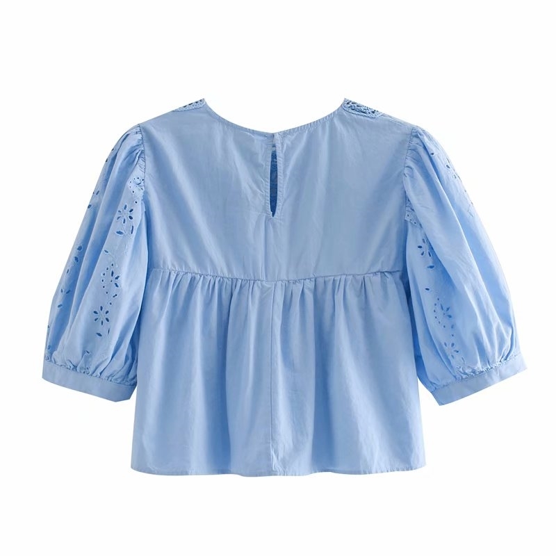 vintage hollow out women shirts summer fashion embroidery ladies short blouses casual cotton female shirt girls chic 210430