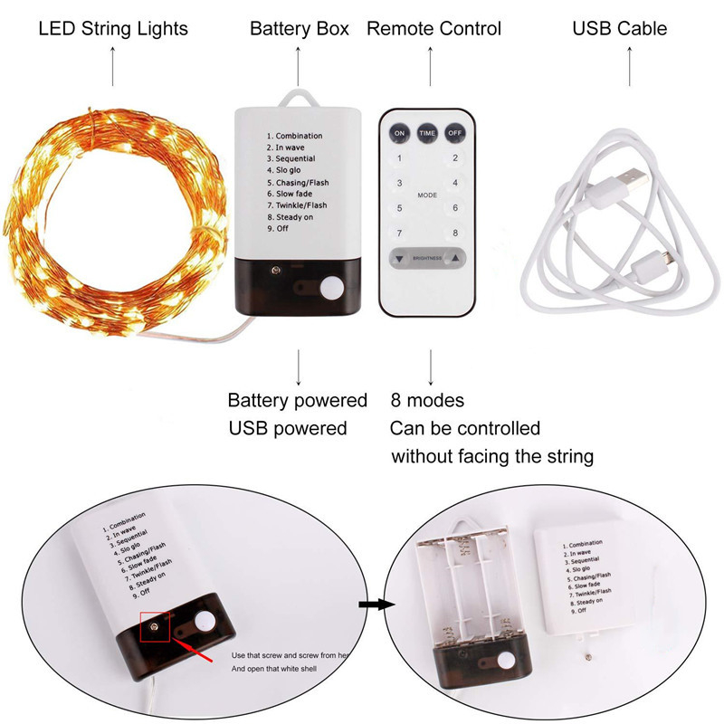 LED Strings Light 2M 5M 10M USB AA Battery Holiday Lighting Copper String Lights 8 Modes Remote Control Christmas waterproof Garland Party Wedding Dec
