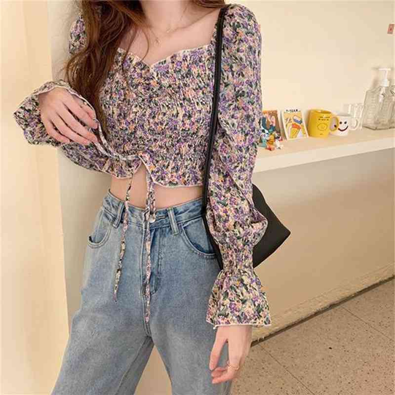 Summer Chiffon Floral Blouse Female Cropped Top Square Collar Korean Style Lantern Sleeves Flower 210510