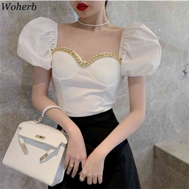 Fashion Chain Patch Square Collar Blouse Women Summer Vintage Puff Sleeve Crop Tops Korean Slim Waist Elegant Blusas 210519