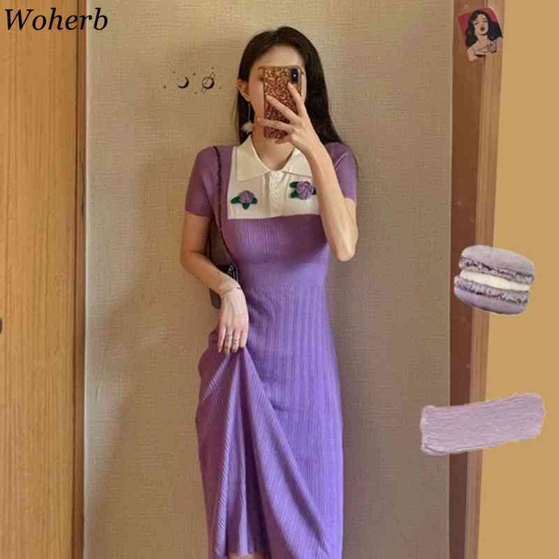 Summer Purple Dress Women Slim Bodycon Knit Stretch Dresses Floral Patch Sexy Short Sleeve Robe Korean Elegant Vestidos 210519