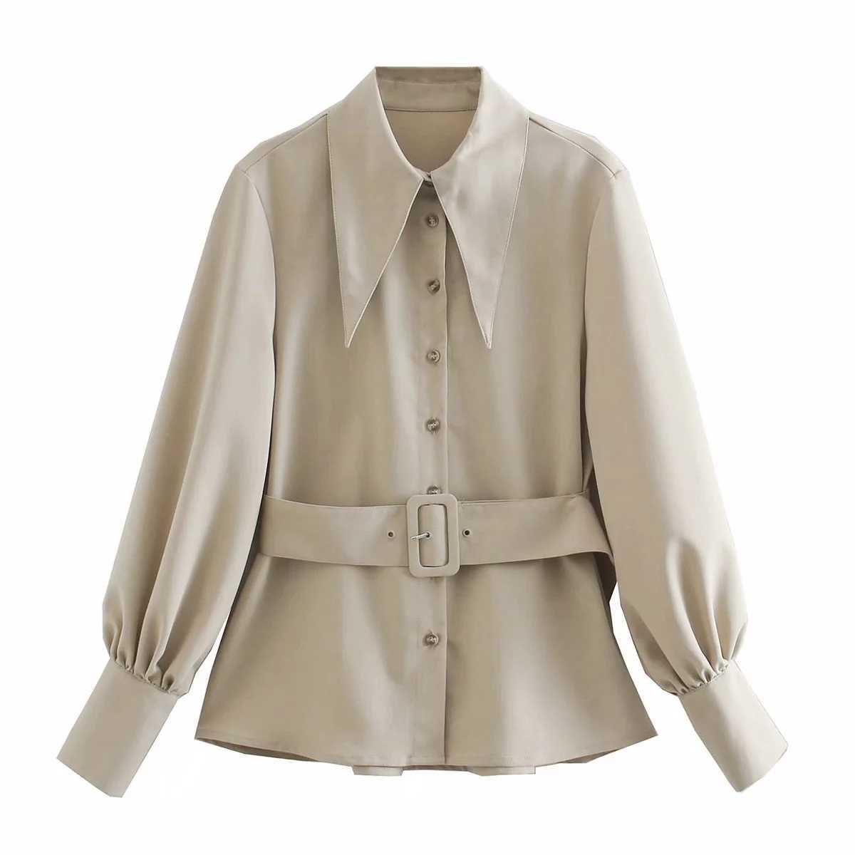 Za Women Fashion With Belt Back Pleated Blouses Vintage Lantern Sleeve Button-up Female Shirts Chic Tops XITIMEAO 210602