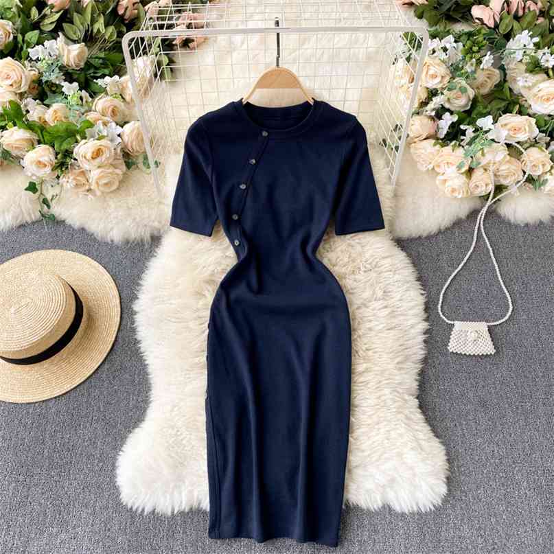 Women's Summer Short Sleeve Knit Bodycon Dress Fashion O-neck Buttons Side Split Elegant Ladies Work Party Robe 210603, Navy blue
Women's Summer Short Sleeve Knit Bodycon Dress Fashion O-neck Buttons Side Split Elegant Ladies Work Party Robe 210603, Navy blue