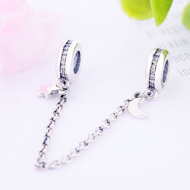 Authentic 925 Sterling Silver Moon Star Dangle Safety Chain Beads Fit Original Brand Charm Bracelet DIY Jewelry Making Berloque