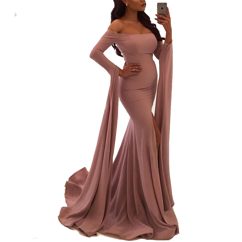 Off-Shoulder Fishtail Evening Party Dresses Slash neck Sheath Solid Custom Made Off-Sleeve Sweep Train Gowns High Quality