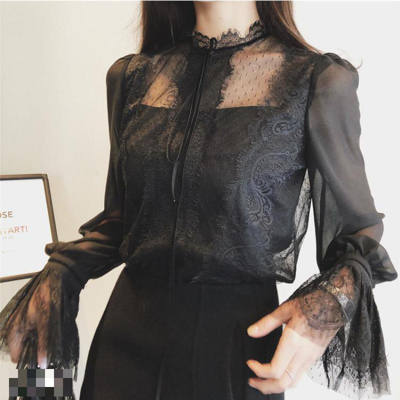 Spring Arrival Fairy Blusa Feminina Chiffon Shirt Bottoming Flare Sleeve Lace Blouse Sling Attached 210401