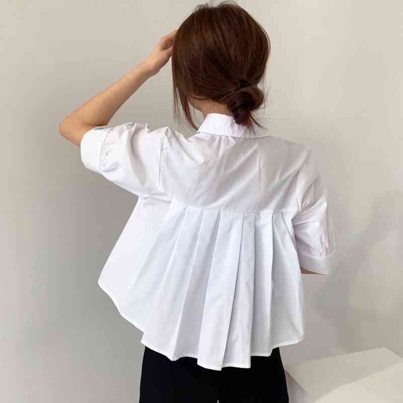 OL Fashion Chic Korean Summer Blue Short Front Long Back Pleated Blouse Women Loose Doll White Lapel Shirts Casual Blusas 210429