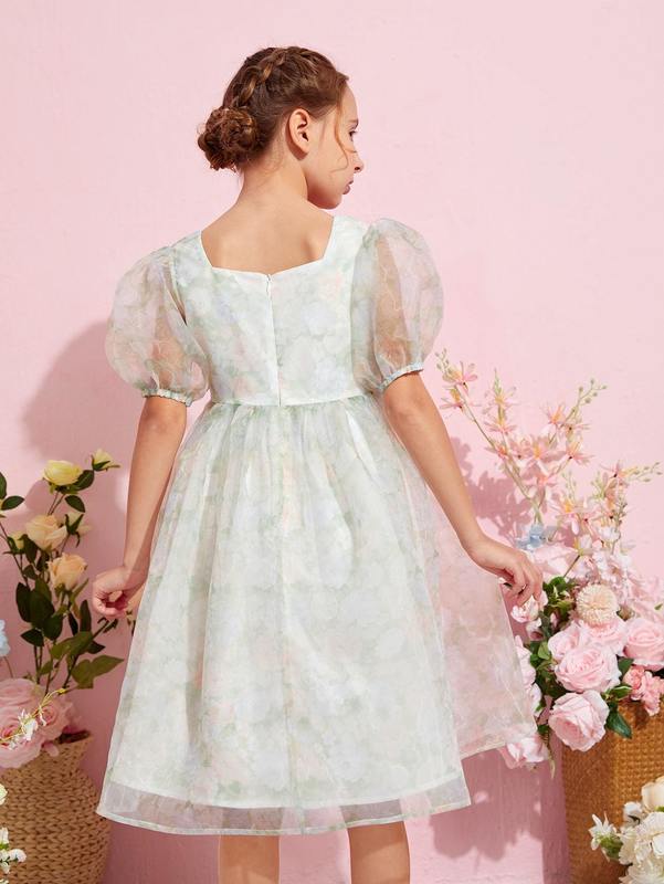 Girls Puff Sleeve Organza Floral Dress SHE