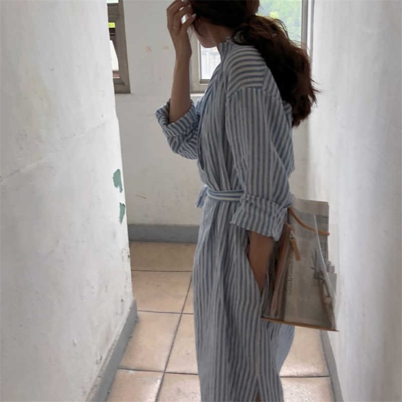 Summer Striped Shirt Lapel Lace-Up Casual Cotton En Dress | Dr2268