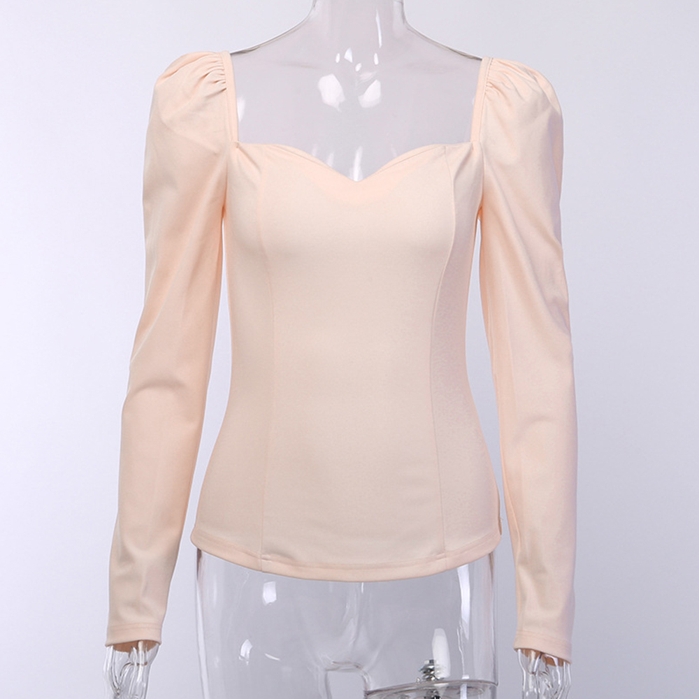 Elegant Womens Shirt Sexy V Neck Long Puff Sleeve Blouse Female Solid Tight Chic Tee Shirts Slim Tops Streetwear 210428