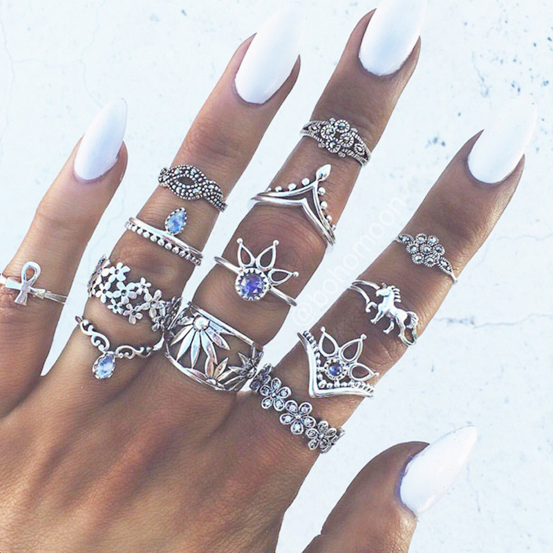 Bohemian Water Drop Flower Sunflower Moon Sun Ring Hollow Carved Crystal Ring Set Fashion New Jewelry for Women Gifts