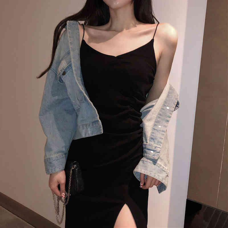 Summer Vintage Sexy Solid Black Slit Strap Dress Women High Waist Knee Length Sleeveless Slim Casual Dresses Lady D12701X 210416