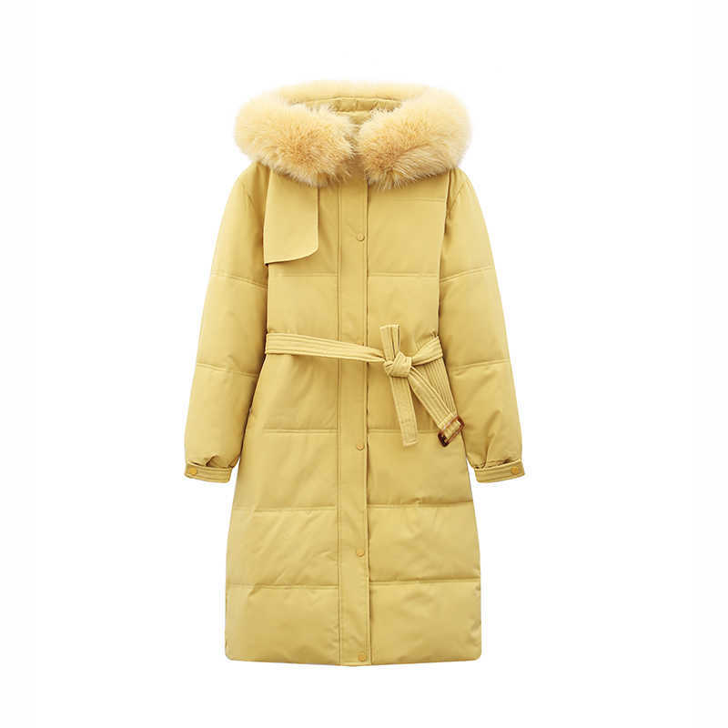 Yedinas Winter Long Coat Women Hooded Parka Ladies Thick Warm Jacket With Belt Elegant Big Fur Collar Coats Female 210527