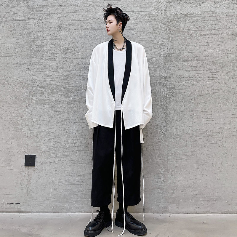 IEFB Korean Streetwear Fashion Bandage White Shirt Men's Lace Up Spring Summer Long Sleeve Fashion Loosecasual Tops 210524