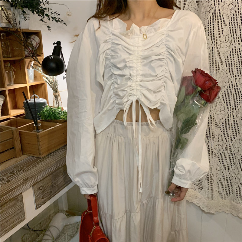 Korean Fashion Clothing Elastic Pleated Solid Drawstring Spring Blouse Blusas Mujer De Moda Puff Sleeve White Shirts 10118 210506