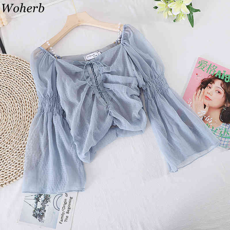 Blouse Women Chic Pearl Baeding Shirts Square Collar Chiffon Blusas Mujer Lace Up Flare Sweet Blouses Tops 95441 210519