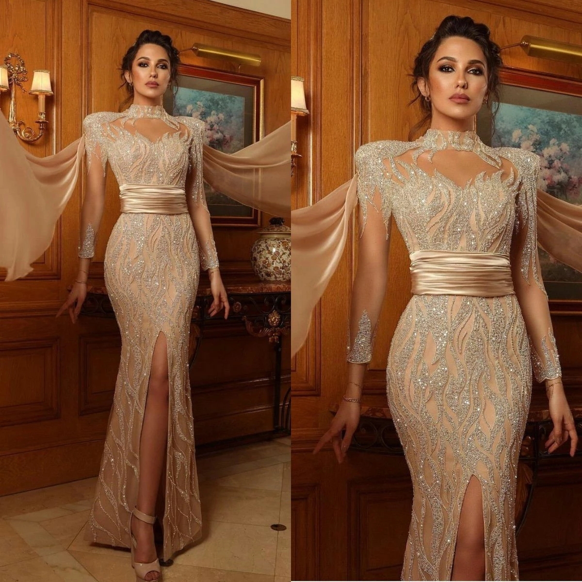 Sexy Front Split Mermaid Prom Dresses High Neck Long Sleeve Beading Crystal Evening Dress Or Length Formal Gowns Party Wear