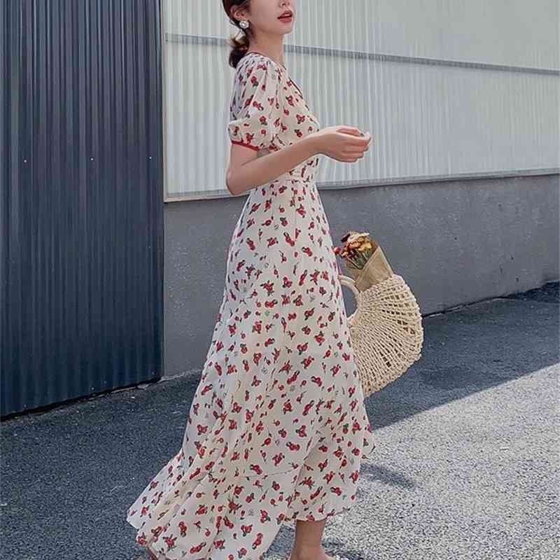 Summer Women Sweet Floral Print V-Neck Boho Long Chiffon Dress Ruffles Wrap Casual Slim Split Sexy Party Robe 210519