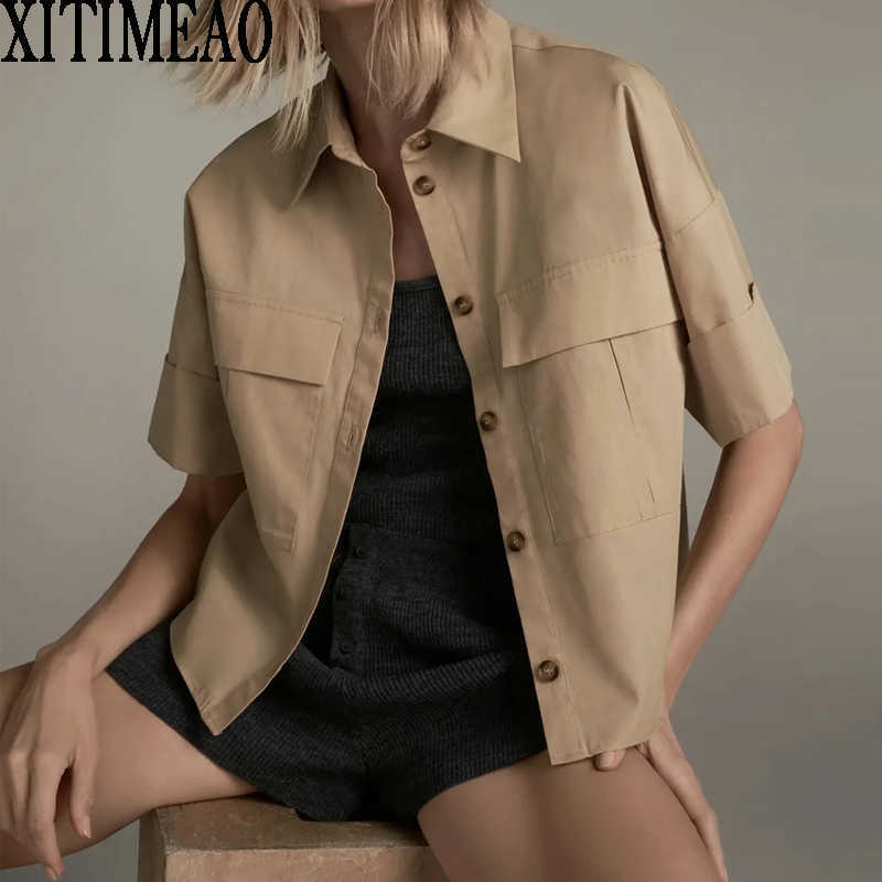 ZA Women Summer Fashion Retro Short Tops V-neck Sleeve Elegant Blouse Clothing Basic Lapel Frock Shirt XITIMEAO 210604, Khaki
ZA Women Summer Fashion Retro Short Tops V-neck Sleeve Elegant Blouse Clothing Basic Lapel Frock Shirt XITIMEAO 210604, Khaki