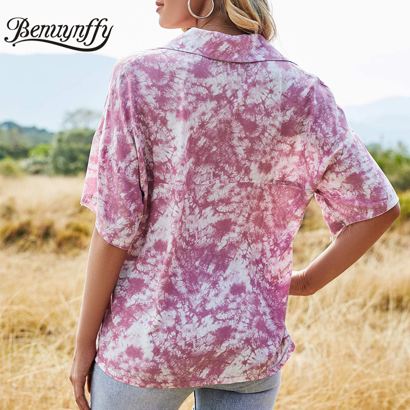 Turn-down Collar Pocket Tie Dye Short Sleeve Shirt Women Summer Tops Fashion Street Style Button Up Casual Shirts 210510