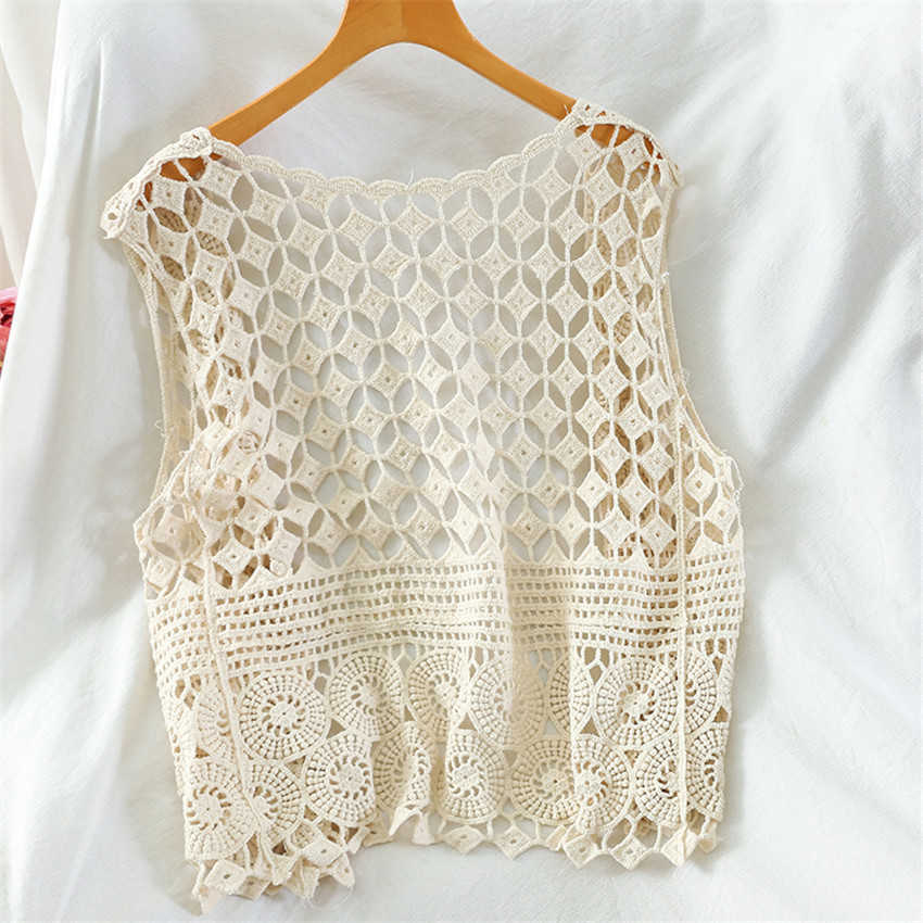 Spring Summer Sexy Hollow Out Lace Top Vest Crochet Sleeveless Waistcoat Women Open Stitch Short Outwear Chalecos Para Mujer 210819