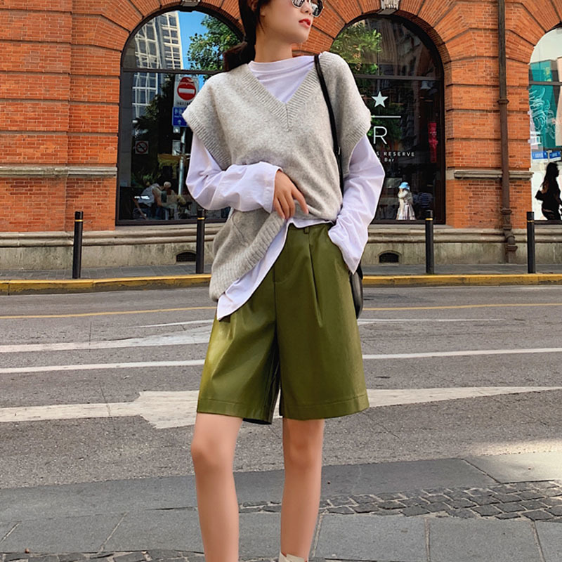 Summer Baggy Women Shorts High Waist Wide Leg Pants for Pu Leather 's Clothing 10995 210508