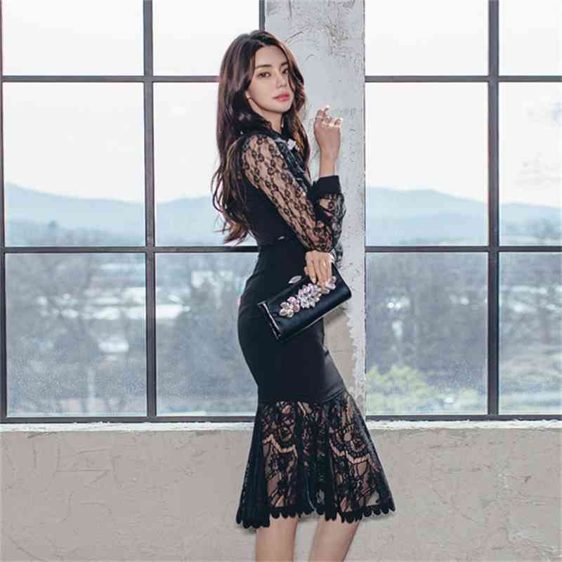 Spring Two Piece Set Fashion Office OL Women Bow Tie Sexy Hollow Out Lace Tops + High Waist Bodycon Mermaid Skirts Suit 210519