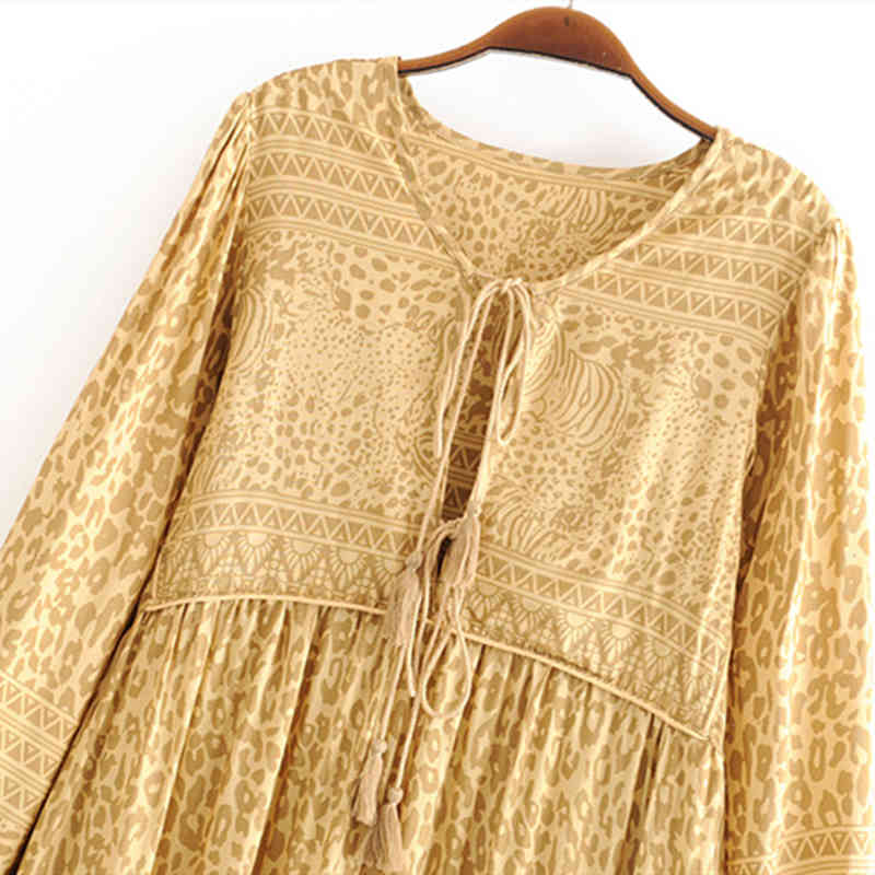 beauty Fashion Boho Style Leopard Print Maxi Dress Women Holiday Chic Tie Tassel Loose Dresses Female Beachwear 210514