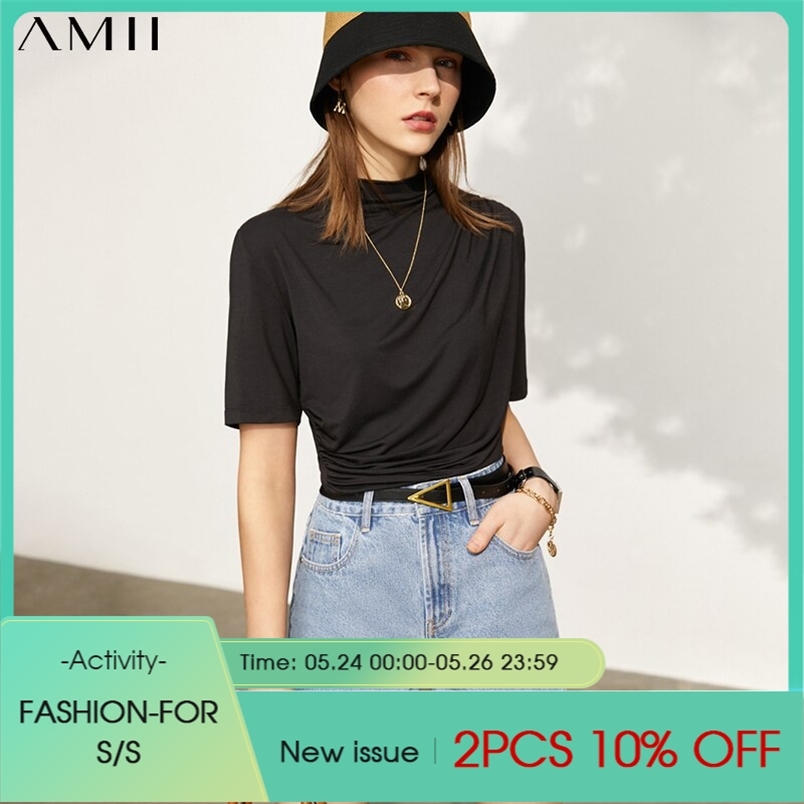Minimalism Summer Fashion Women's Tshirt Causal Solid Folds Slim Fit Female Offical Lady Tops 12140371 210527